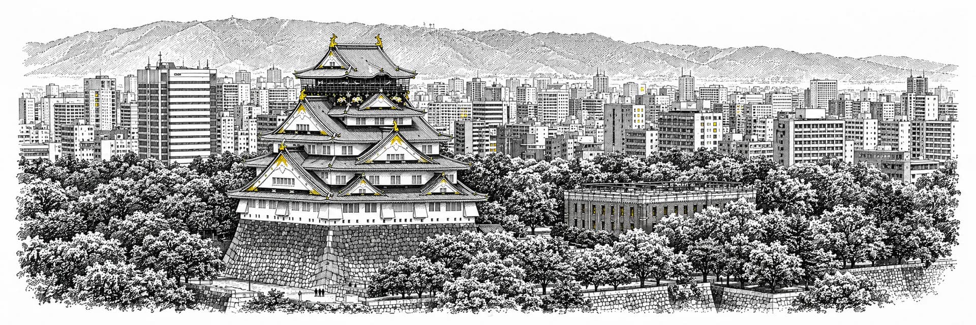 Stadtansicht von Osaka · Tuscheillustration nach Fotoreferenz