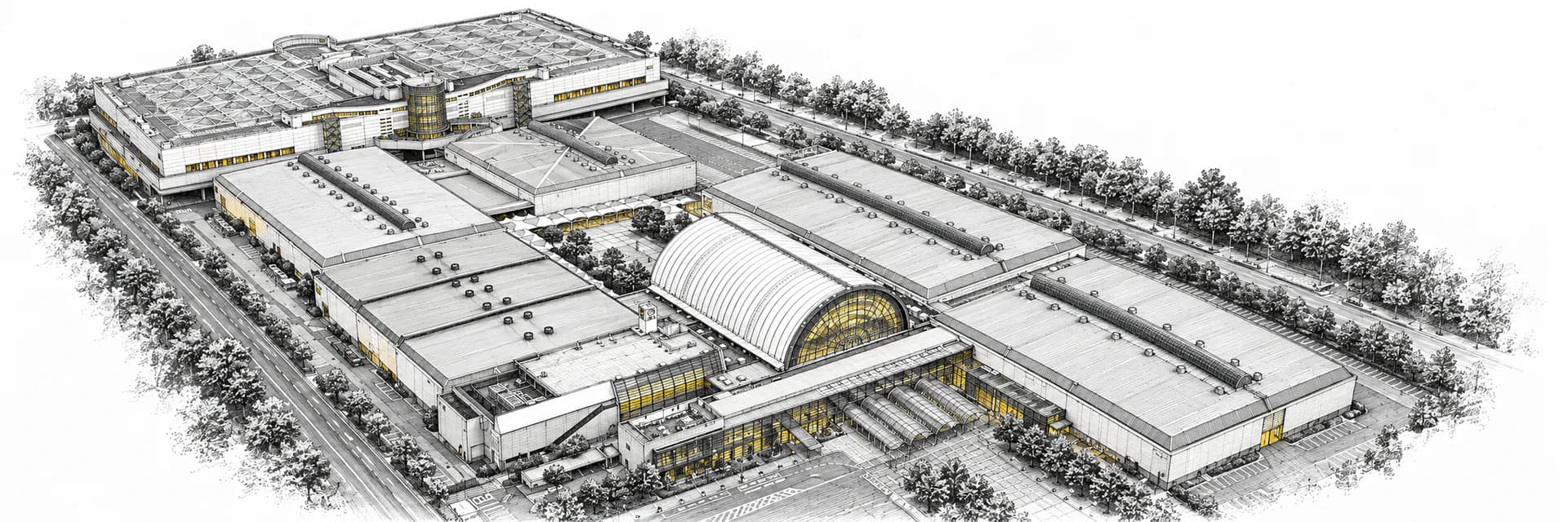 Exterior view: Intex Osaka · Ink illustration based on a photo reference