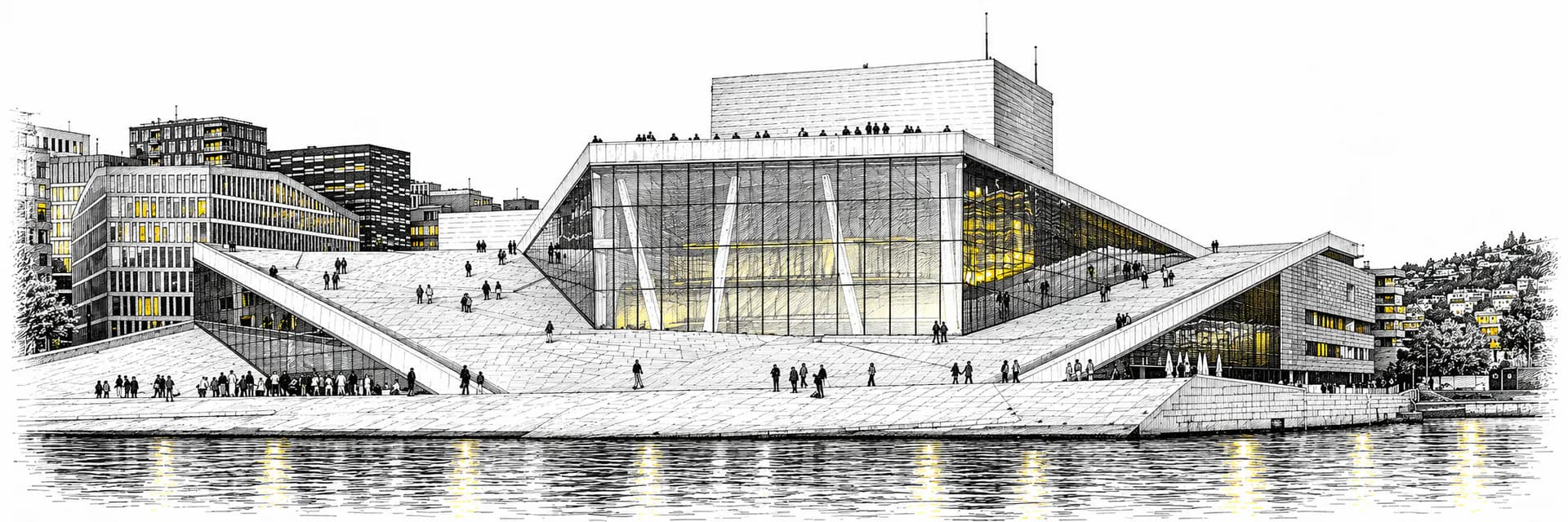 Opernhaus Oslo an der Uferpromenade in Bjørvika · Tuscheillustration nach Fotoreferenz