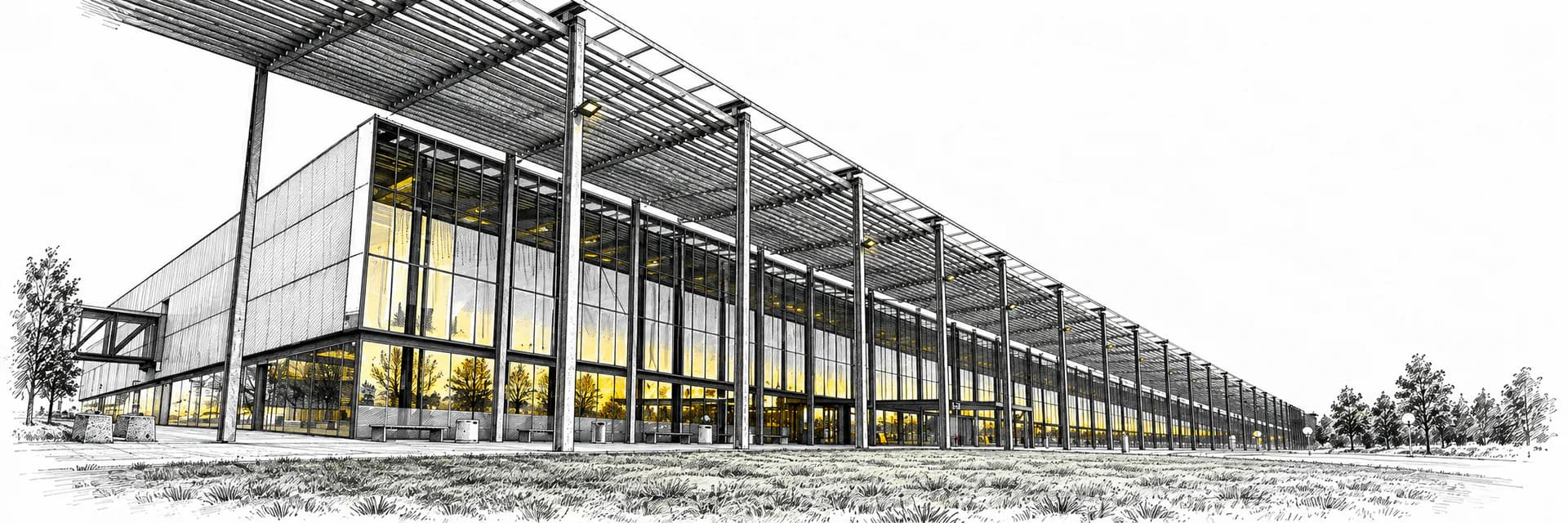 Aussenansicht des NOVA Spektrum in Lillestrøm · Tuscheillustration nach Fotoreferenz