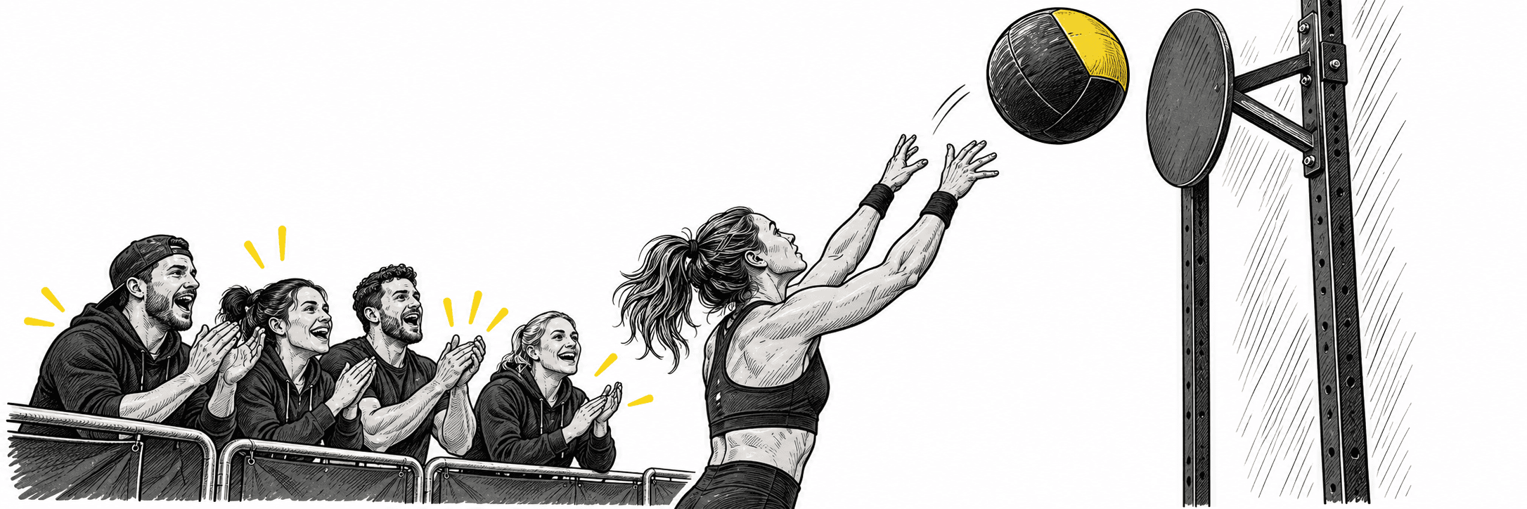 Gezeichnete Athletin bei einem Wall Ball, angefeuert von Zuschauern