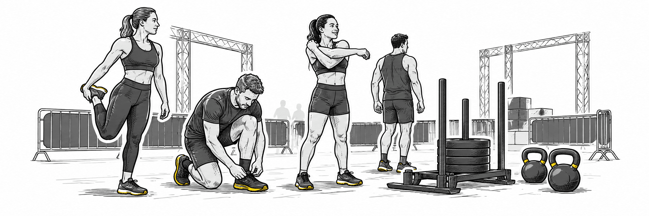 Gezeichnete Athleten beim Aufwärmen neben einem Sled und Kettlebells
