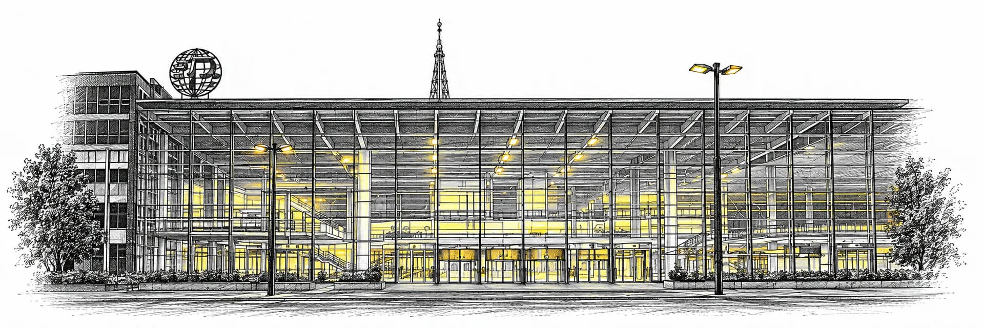 Aussenansicht: Poznań International Fair · Tuscheillustration nach Fotoreferenz
