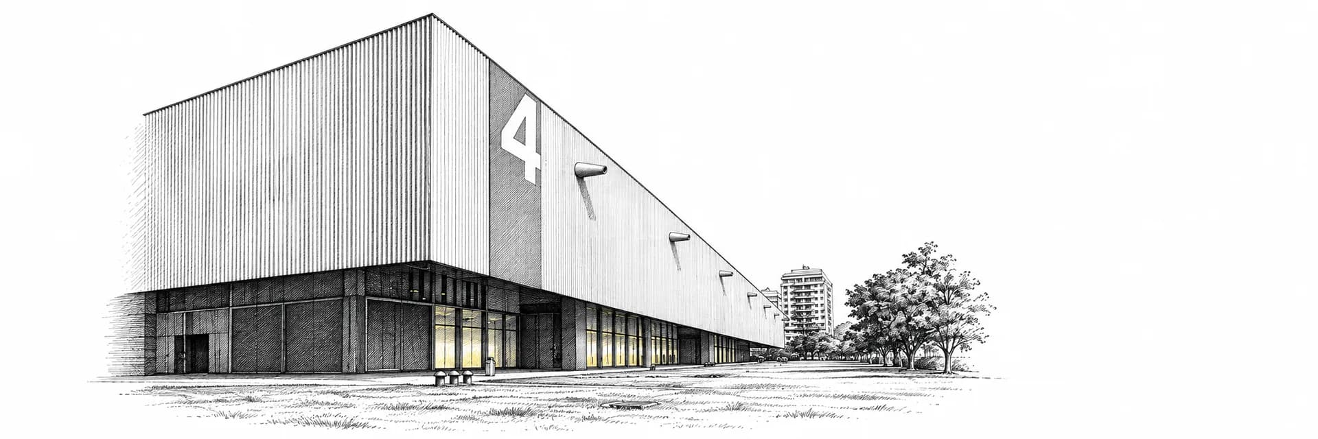 Pavillon 4 auf dem Riocentro-Gelände · Tuscheillustration nach Fotoreferenz