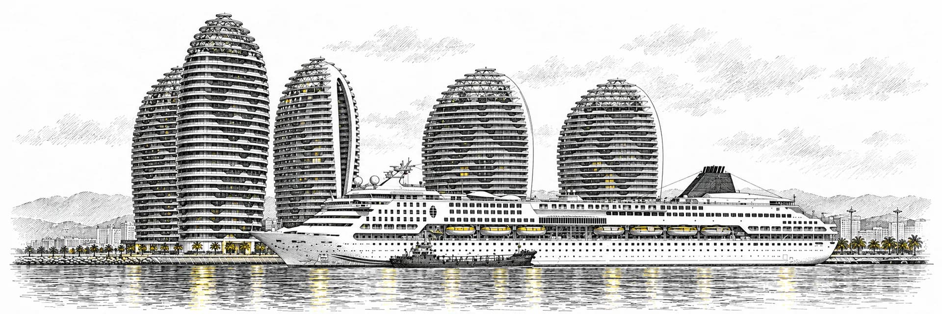 Stadtansicht von Sanya · Tuscheillustration nach Fotoreferenz