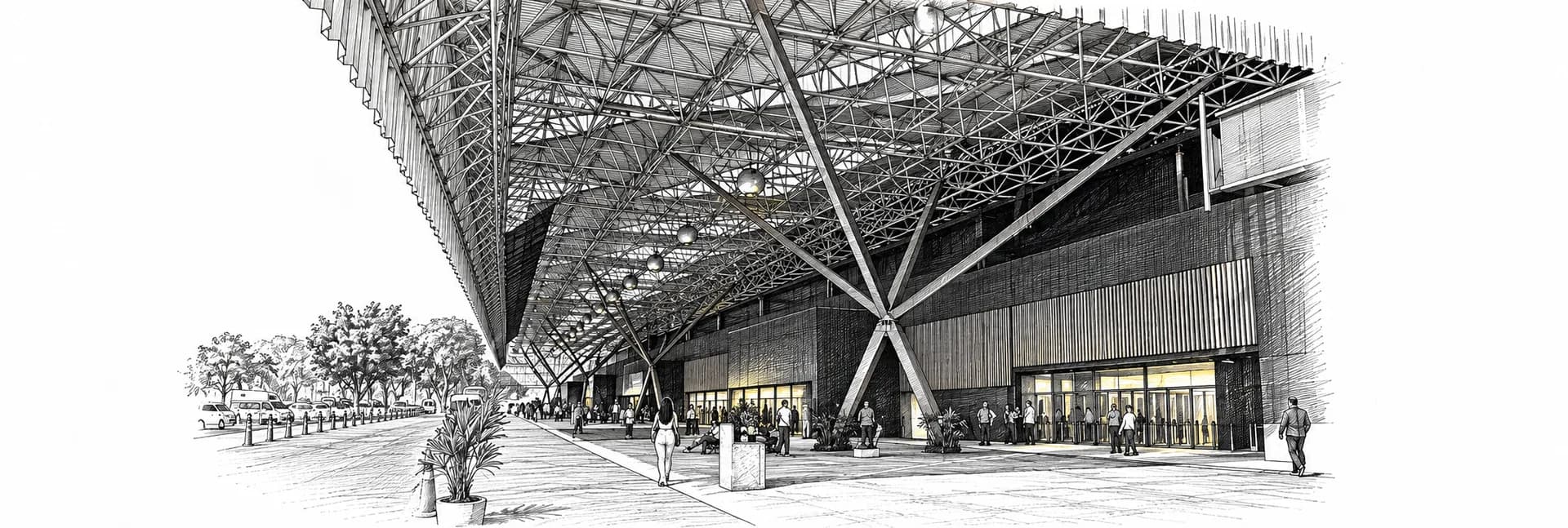 Distrito Anhembi · covered exhibition entrance · Ink illustration based on a photo reference
