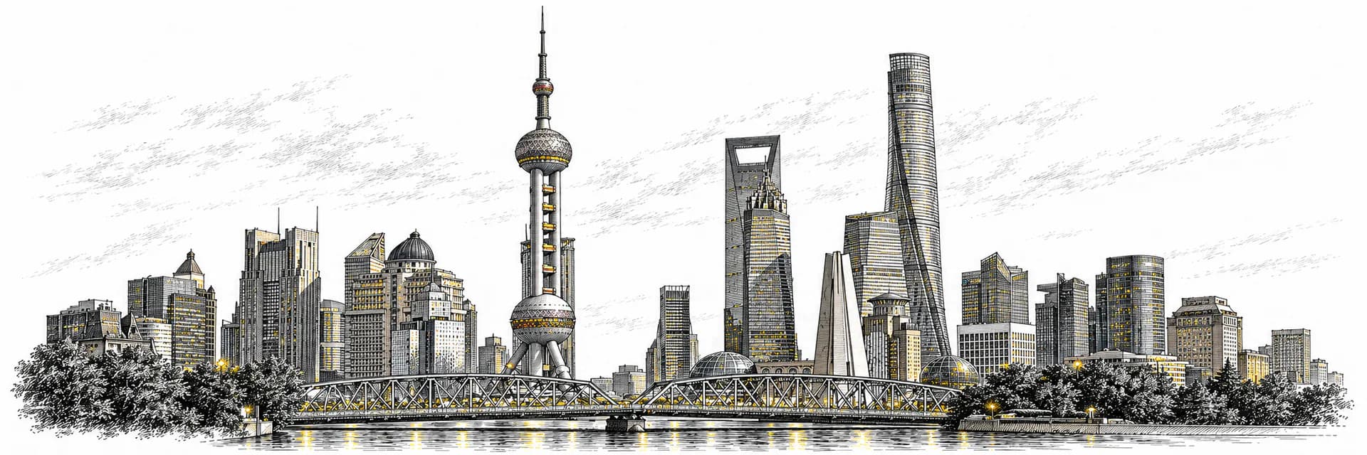 Stadtansicht von Shanghai · Tuscheillustration nach Fotoreferenz
