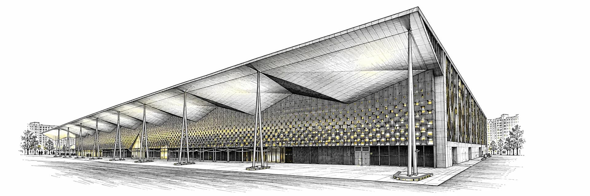Shanghai World Expo Exhibition & Convention Center · Ink illustration based on a photo reference
