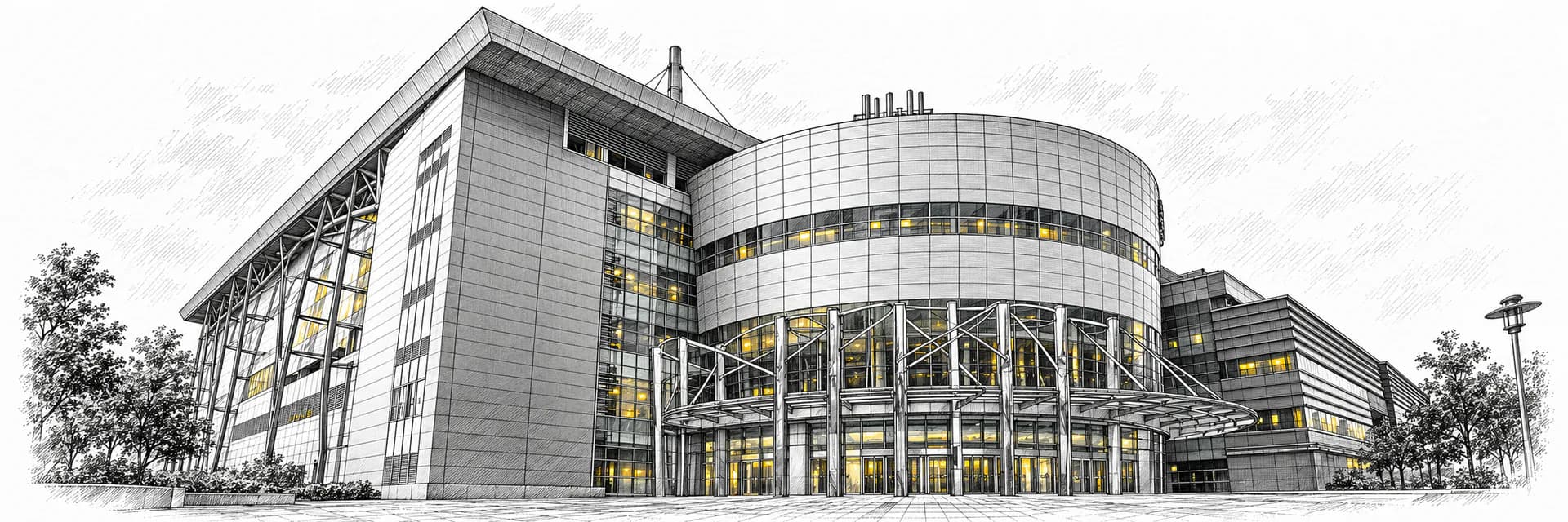 Aussenansicht: Taipei Nangang Exhibition Center · Tuscheillustration nach Fotoreferenz
