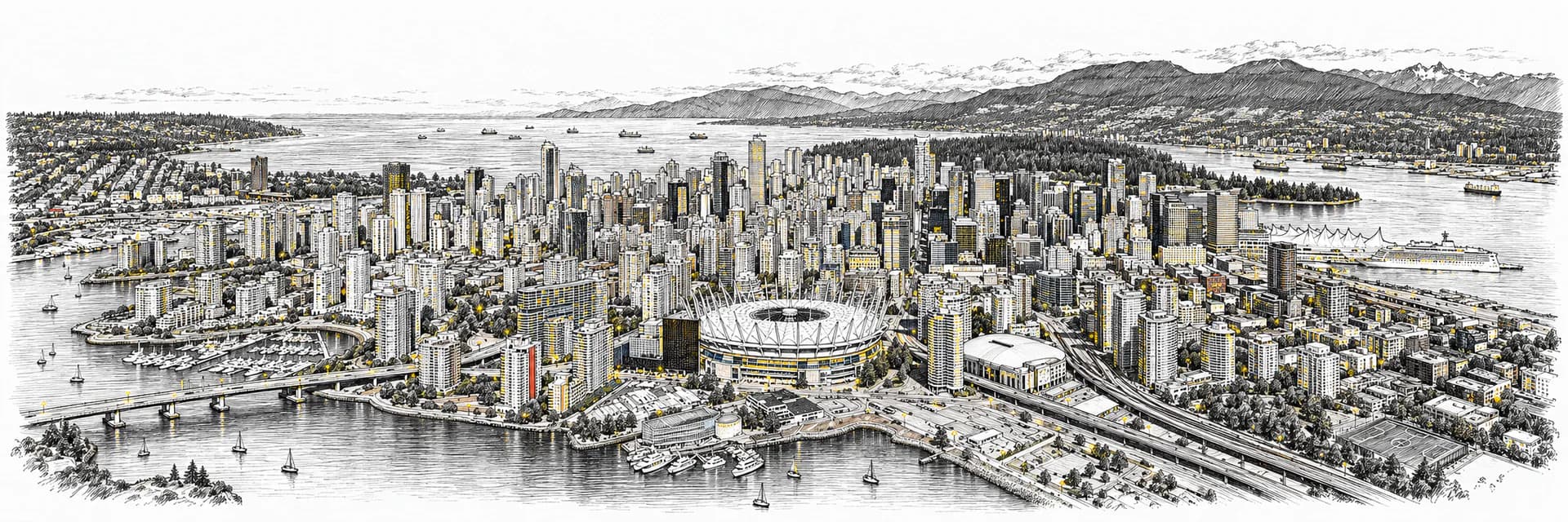 Stadtansicht von Vancouver · Tuscheillustration nach Fotoreferenz