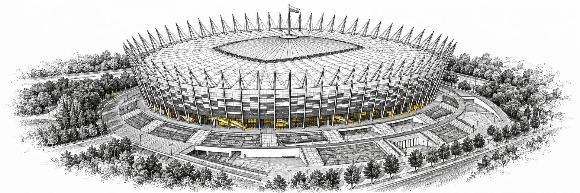 Exterior view: National Stadium, Warsaw · Ink illustration based on a photo reference