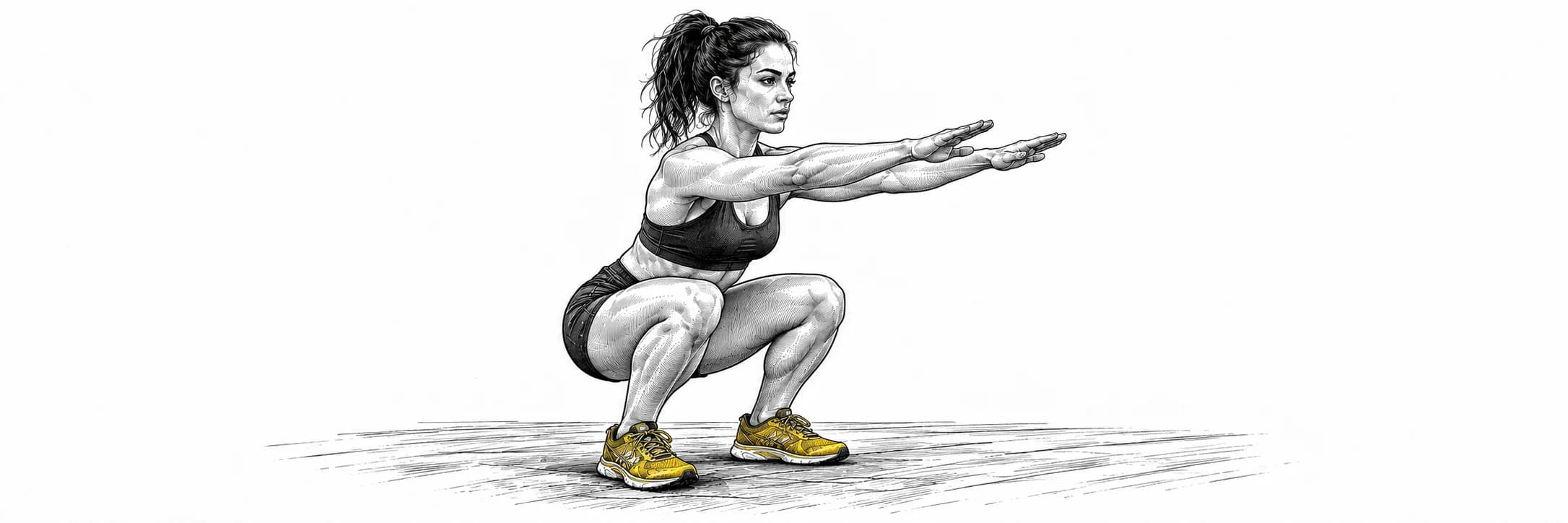 Ilustración a tinta: Atleta realizando una sentadilla sin carga