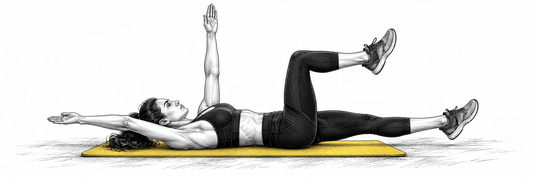 Ilustración a tinta: Atleta boca arriba extendiendo el brazo y la pierna opuestos