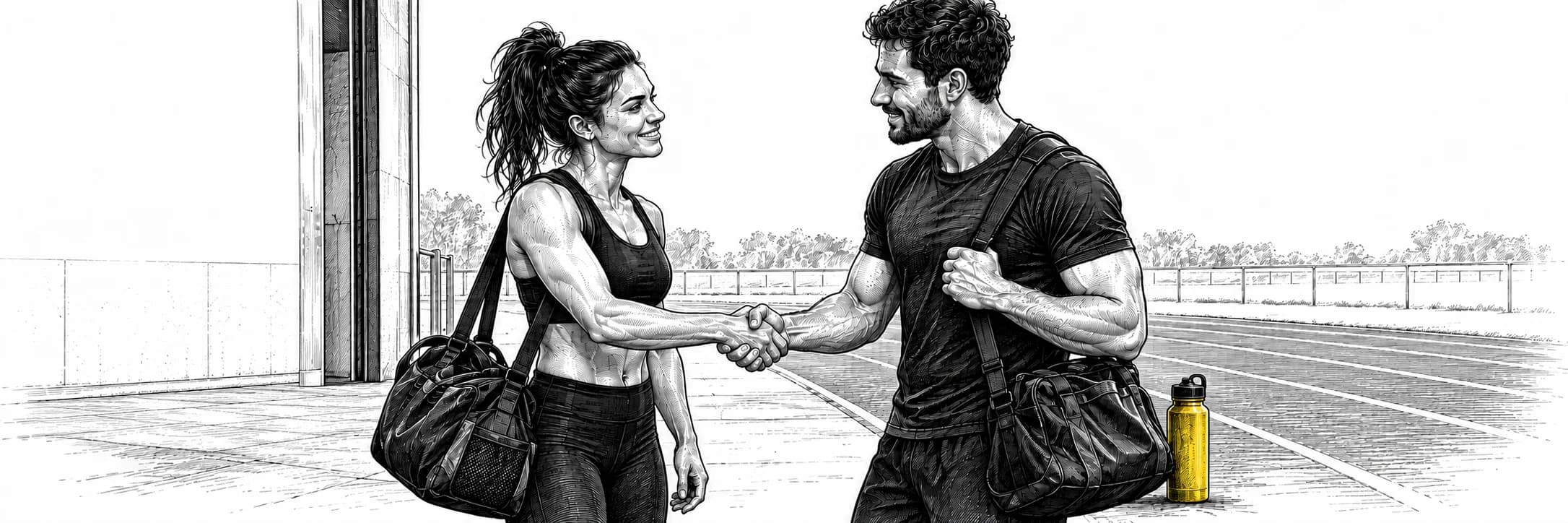 Ilustración a tinta: Dos atletas reuniéndose para una sesión de prueba