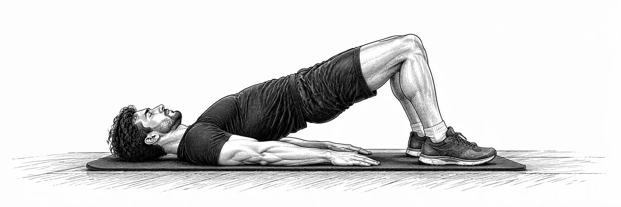 Ilustración a tinta: Atleta elevando la cadera en un puente de glúteos con ambos pies en el suelo