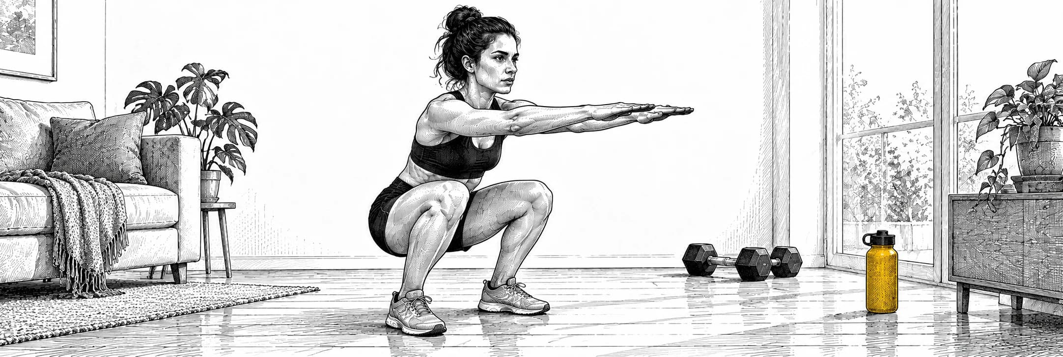 Ilustración a tinta: Atleta realizando una sentadilla sin peso en casa