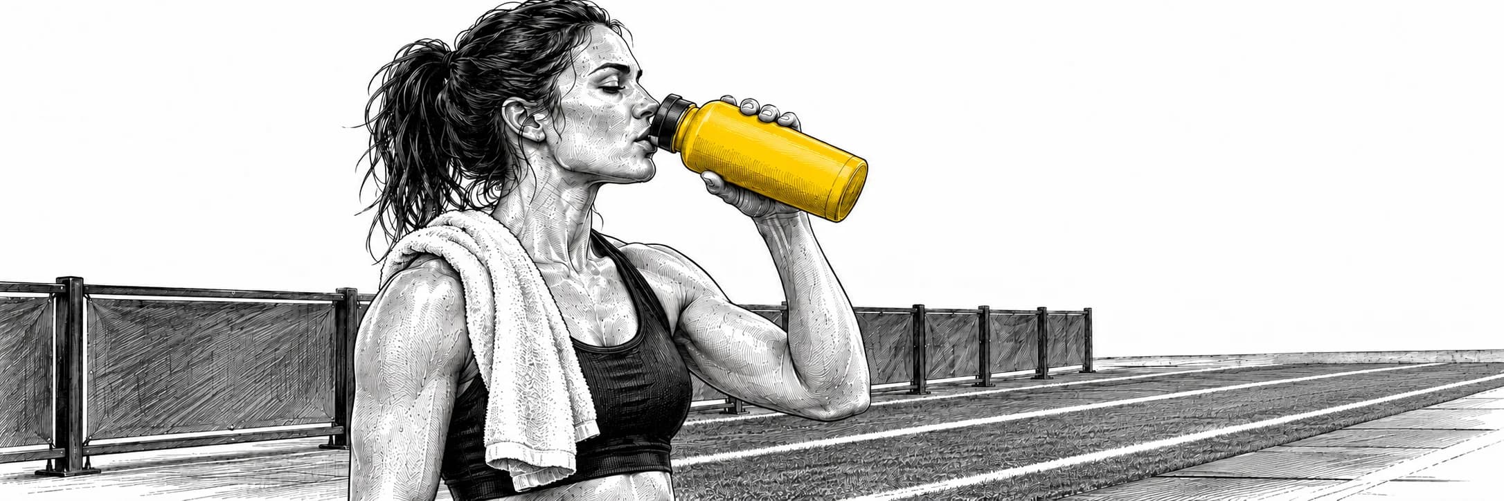 Ilustración a tinta: Atleta bebiendo agua durante una pausa del entrenamiento
