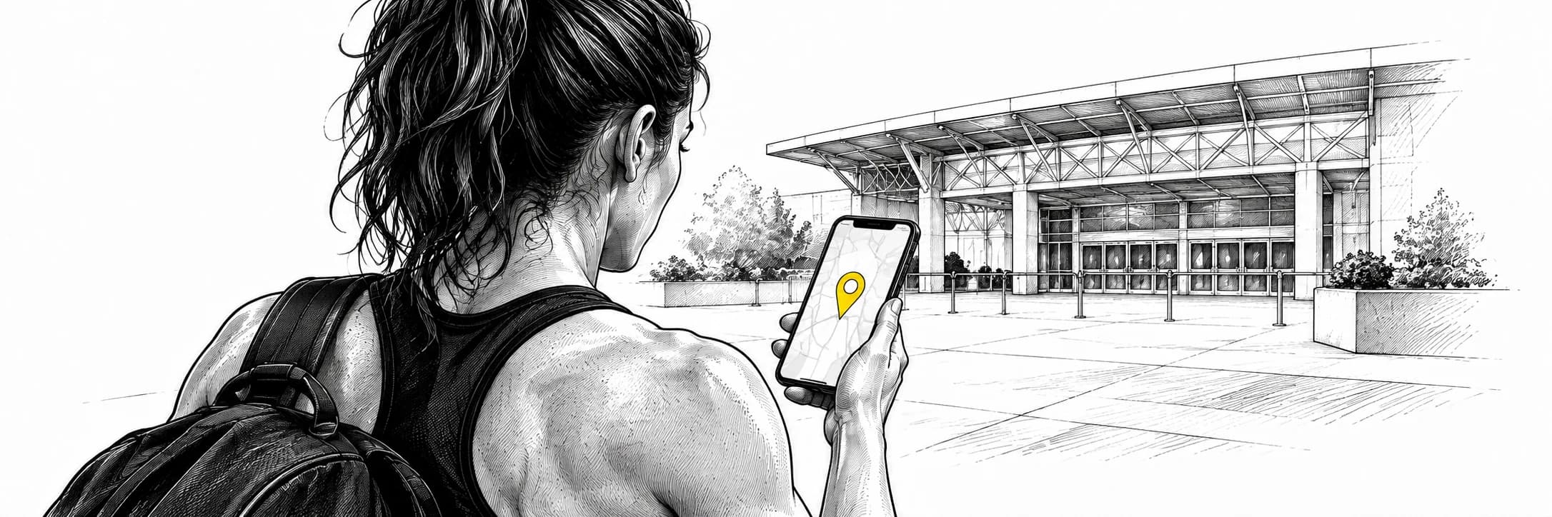 Ilustración a tinta: Atleta consultando un mapa en el móvil frente a un recinto deportivo