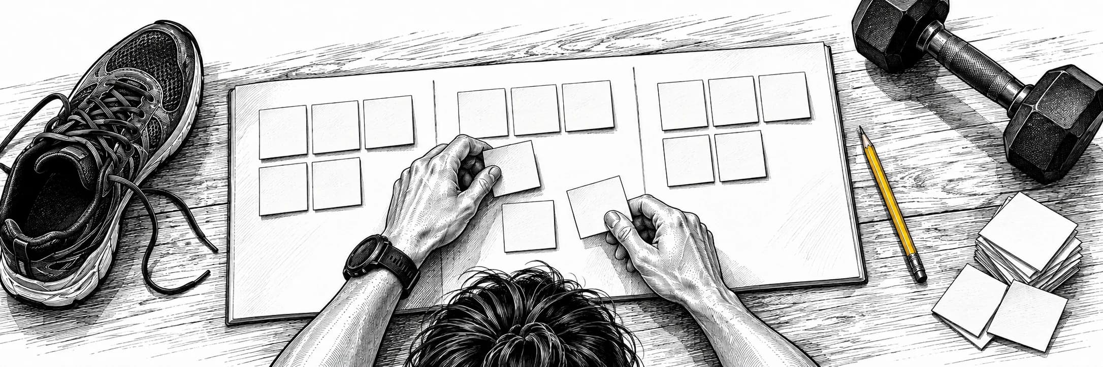 Ilustración a tinta: Manos organizando tarjetas de entrenamiento en bloques