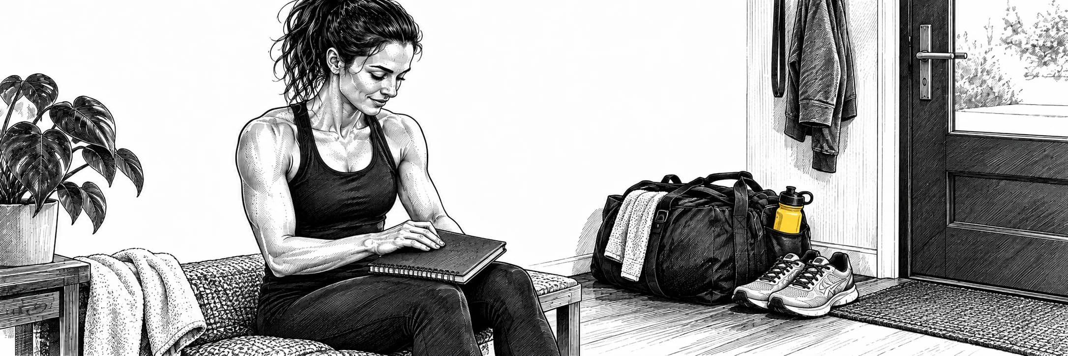 Ilustración a tinta: Atleta cerrando un cuaderno junto a su bolsa preparada para la carrera