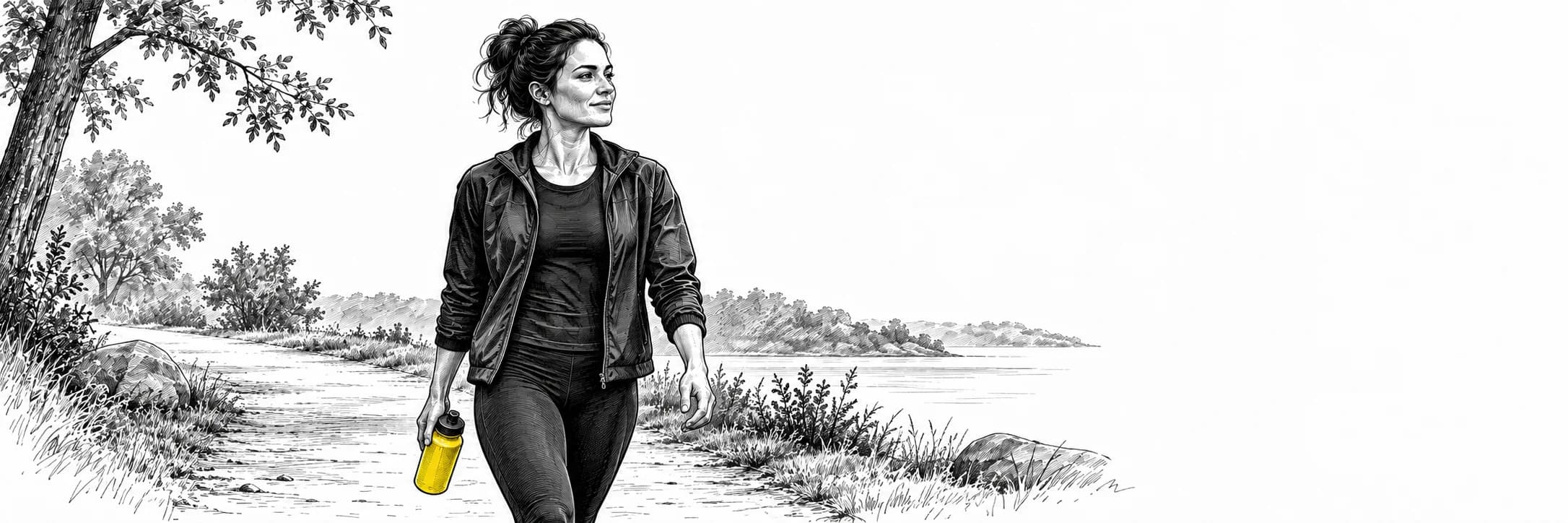 Ilustración a tinta: Atleta paseando tranquilamente por un parque