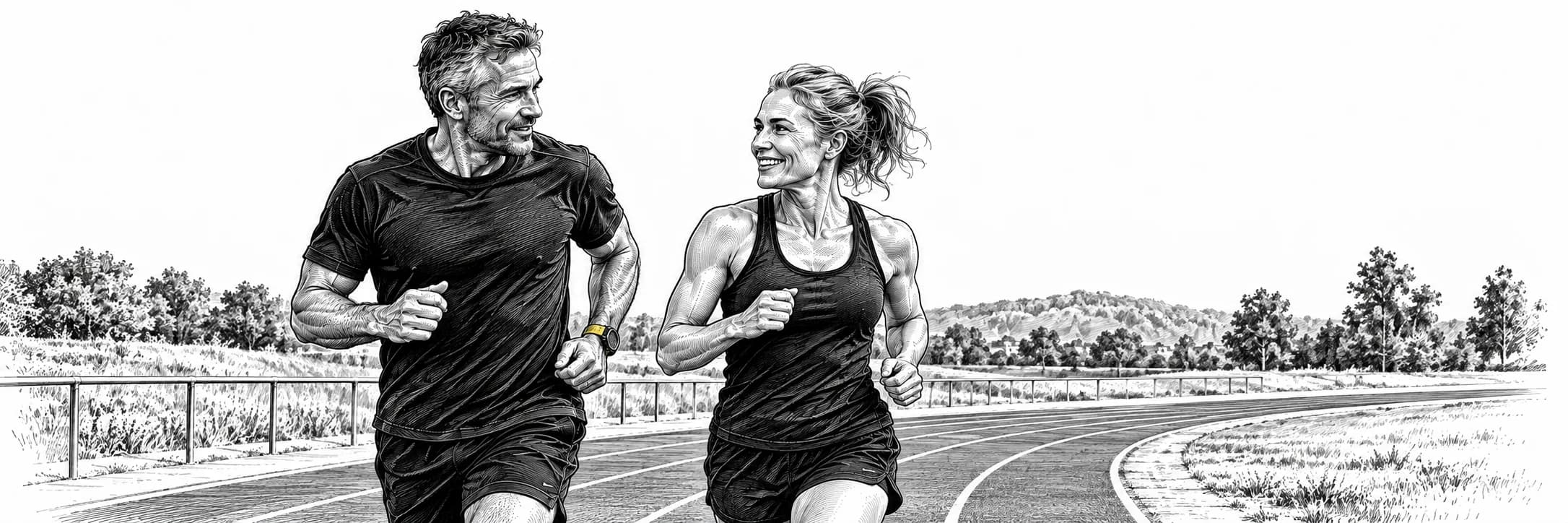 Ilustración a tinta: Dos atletas de mediana edad corriendo juntos en una pista