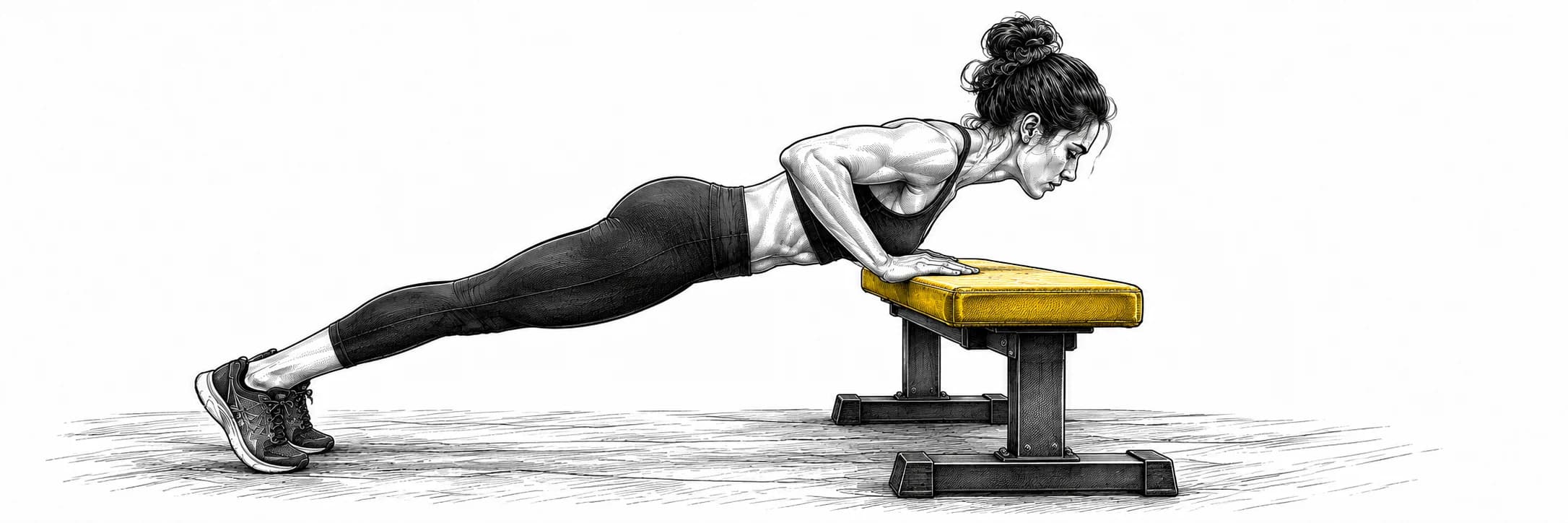 Ilustración a tinta: Atleta realizando una flexión con las manos en un banco y los pies en el suelo