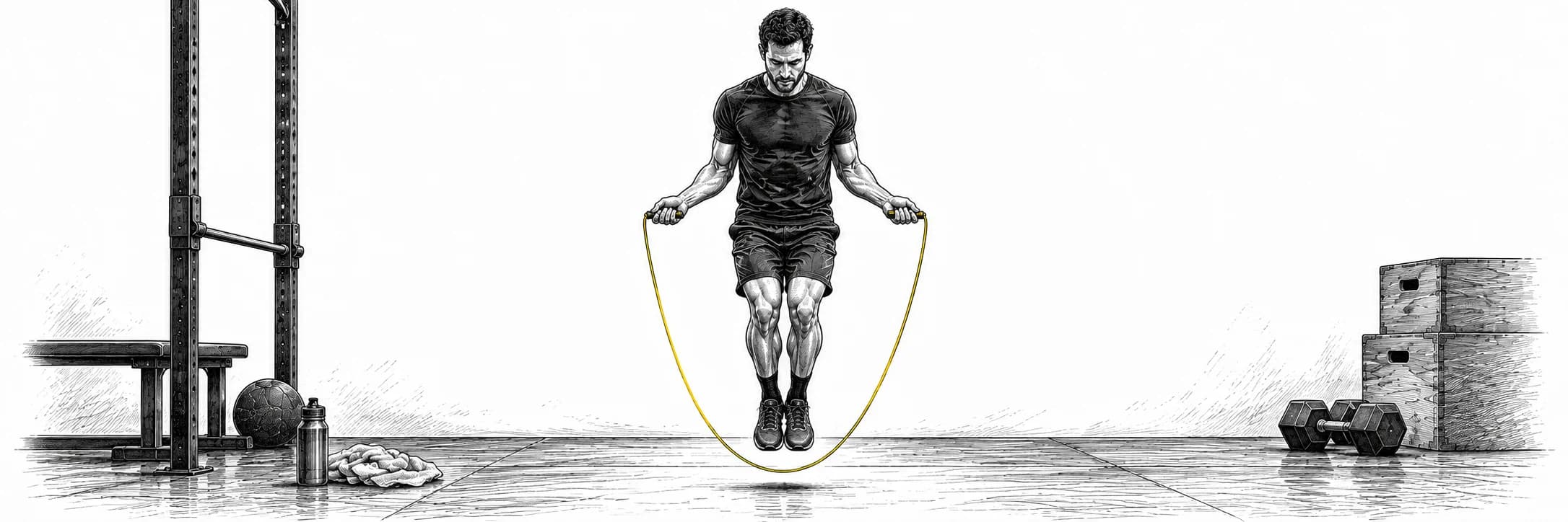 Ilustración a tinta: Atleta saltando a la comba con ambos pies apenas elevados del suelo
