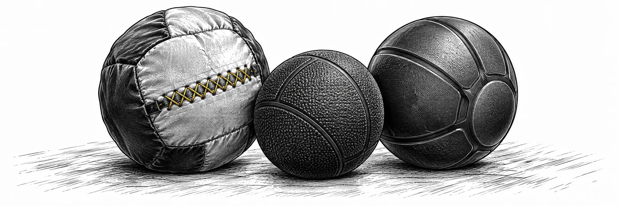 Ilustración a tinta: Balones de ejercicio con superficies cosidas, texturizadas y moldeadas