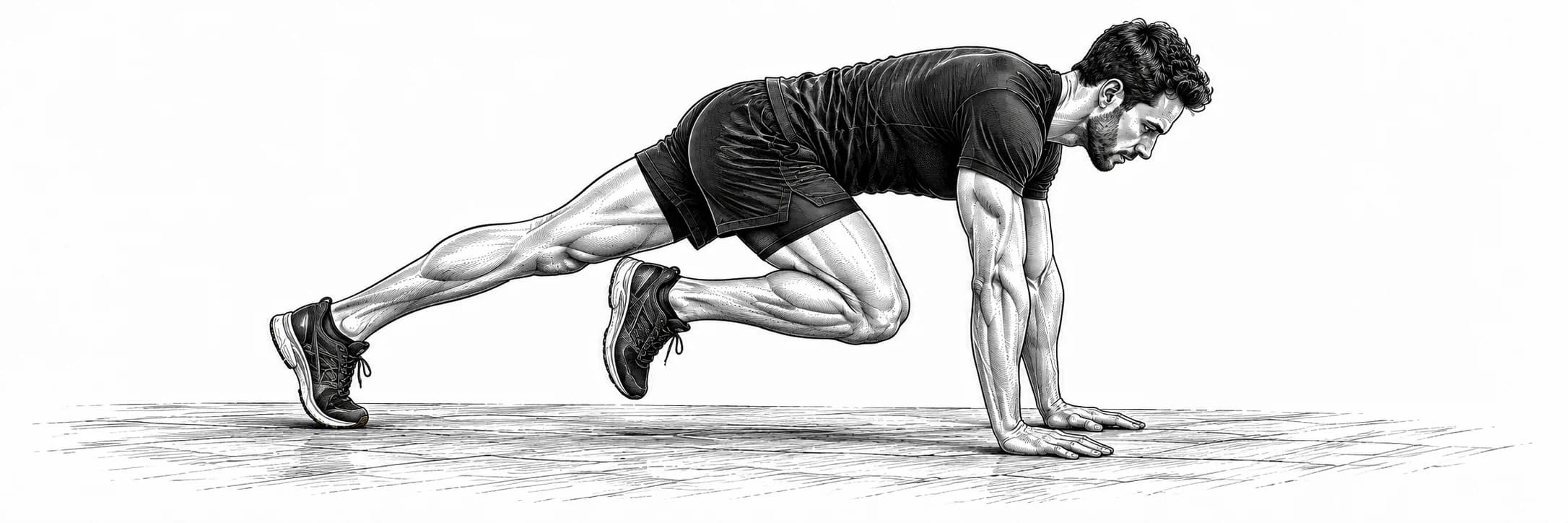 Ilustración a tinta: Atleta llevando una rodilla hacia delante desde una plancha alta