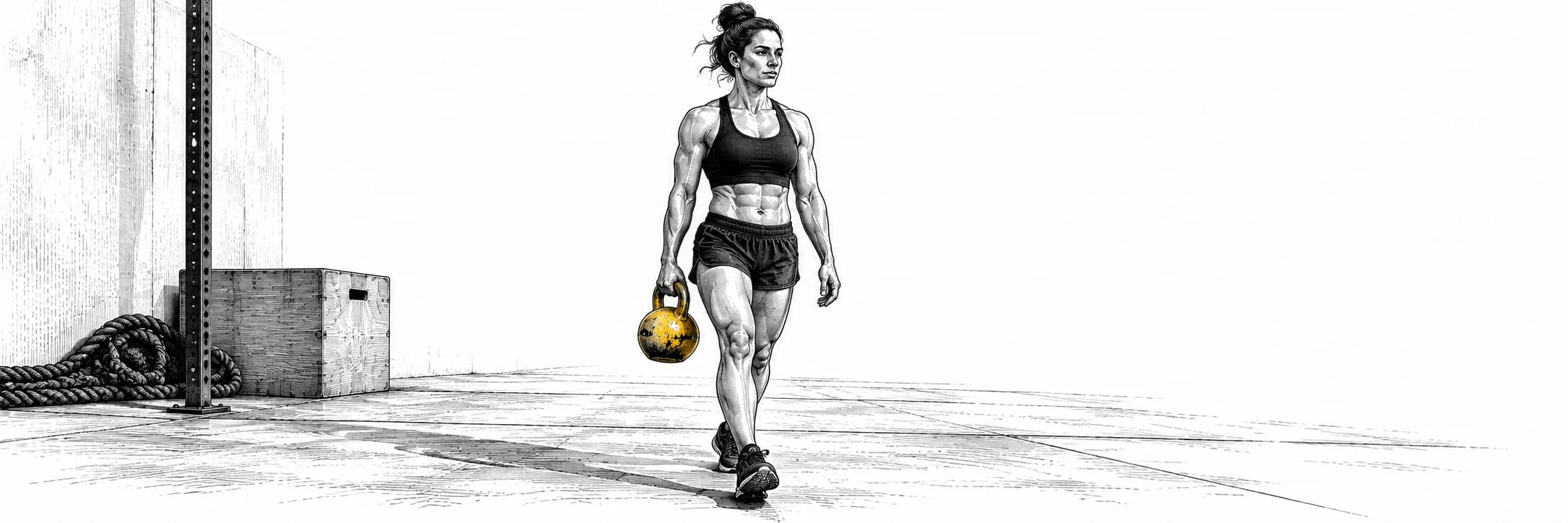 Ilustración a tinta: Atleta caminando con una kettlebell y la otra mano libre
