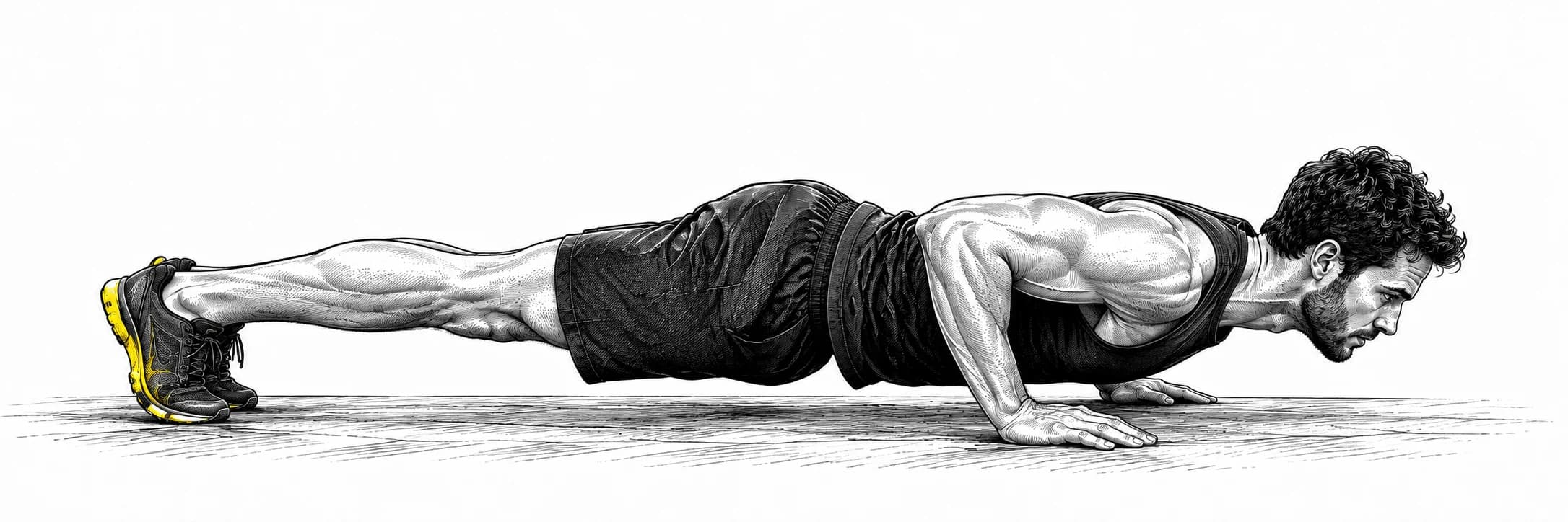 Ilustración a tinta: Atleta en la fase baja de una flexión en el suelo