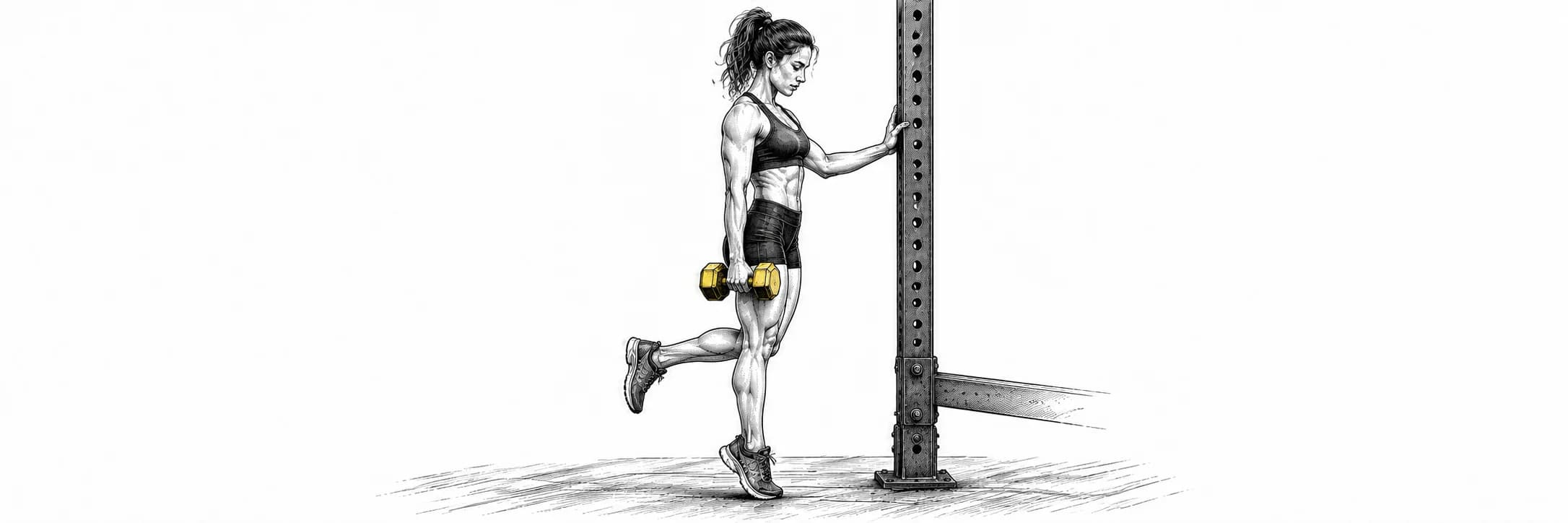Ilustración a tinta: Atleta elevando un talón con una mancuerna y un apoyo fijo
