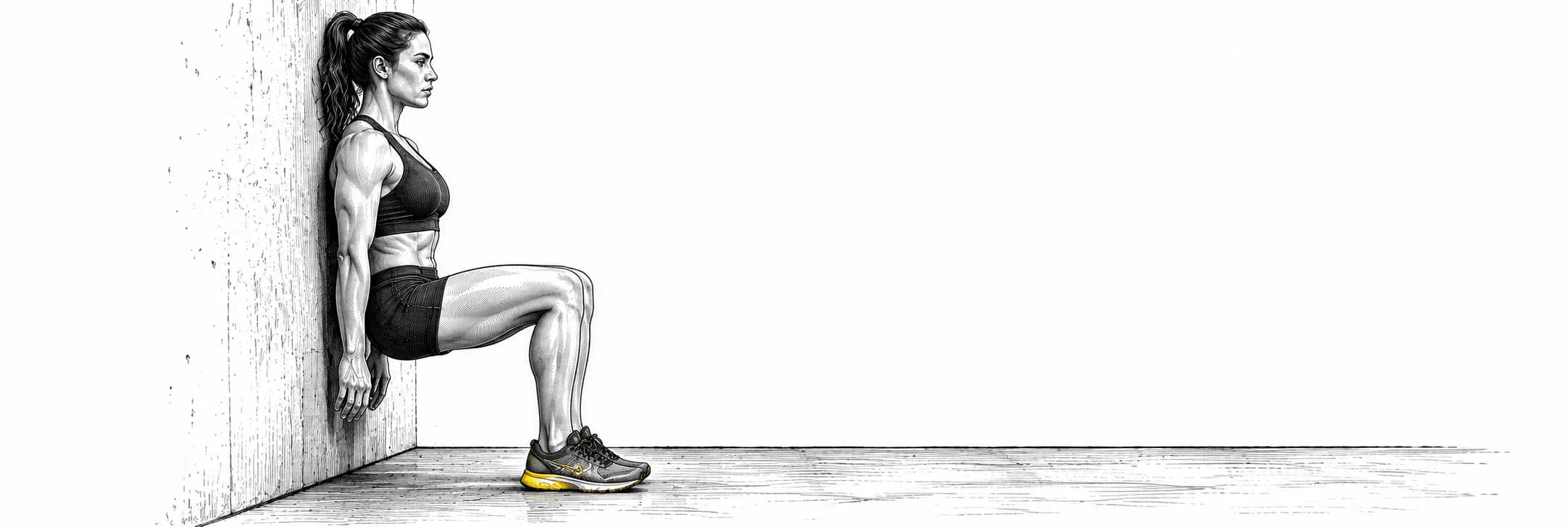 Ilustración a tinta: Atleta manteniendo una sentadilla isométrica con la espalda contra la pared