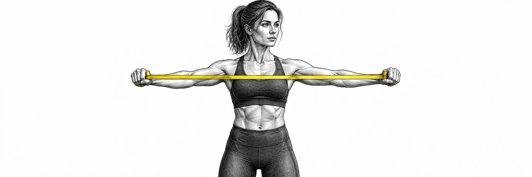 Ilustración a tinta: Atleta separando una banda elástica a la altura del pecho