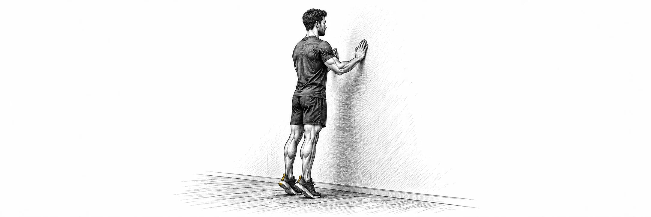 Ilustración a tinta: Atleta elevando ambos talones con apoyo ligero en una pared