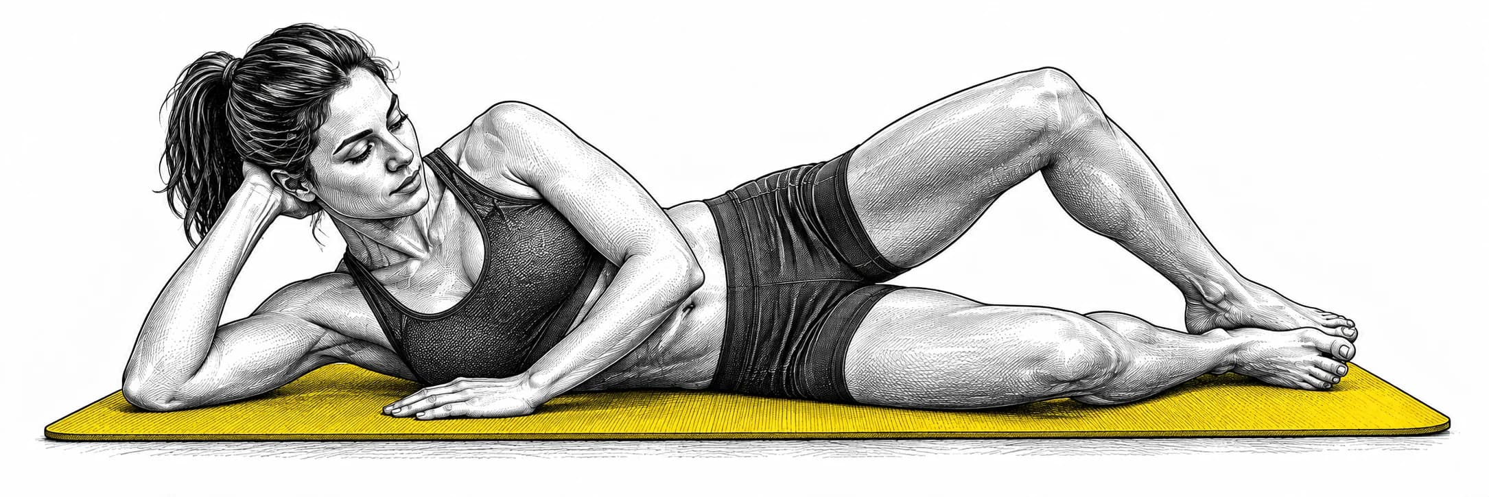 Ilustración a tinta: Atleta de lado abriendo la rodilla superior con los pies juntos