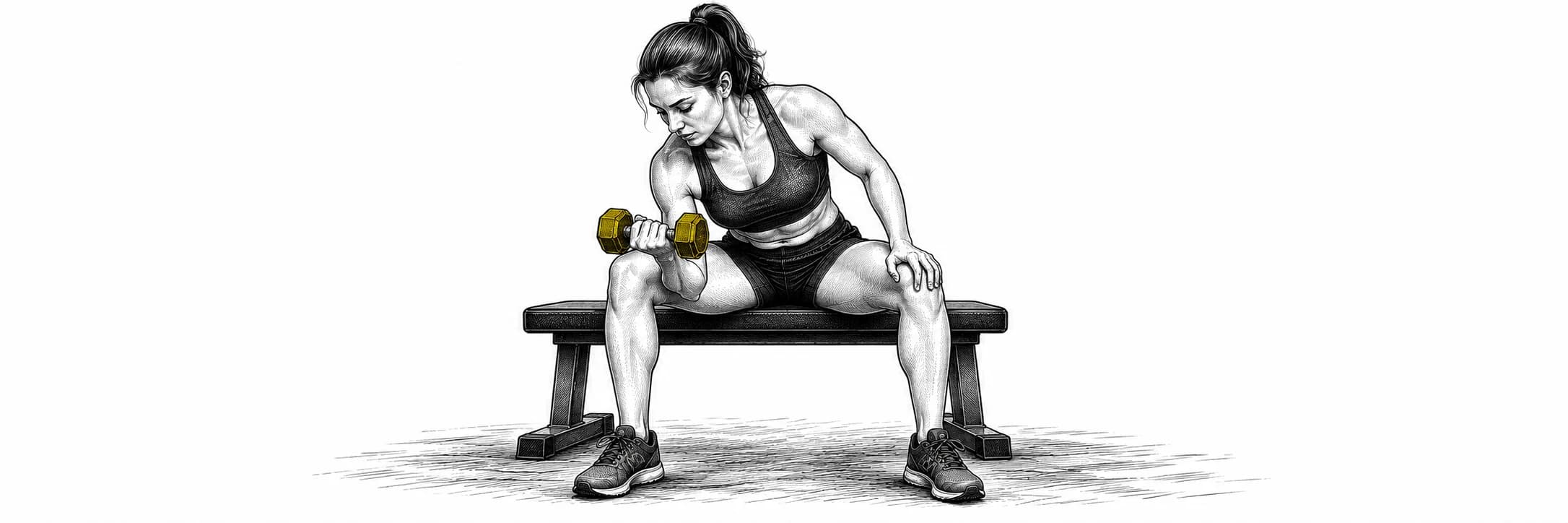 Ilustración a tinta: Atleta sentada haciendo un curl de concentración con una mancuerna