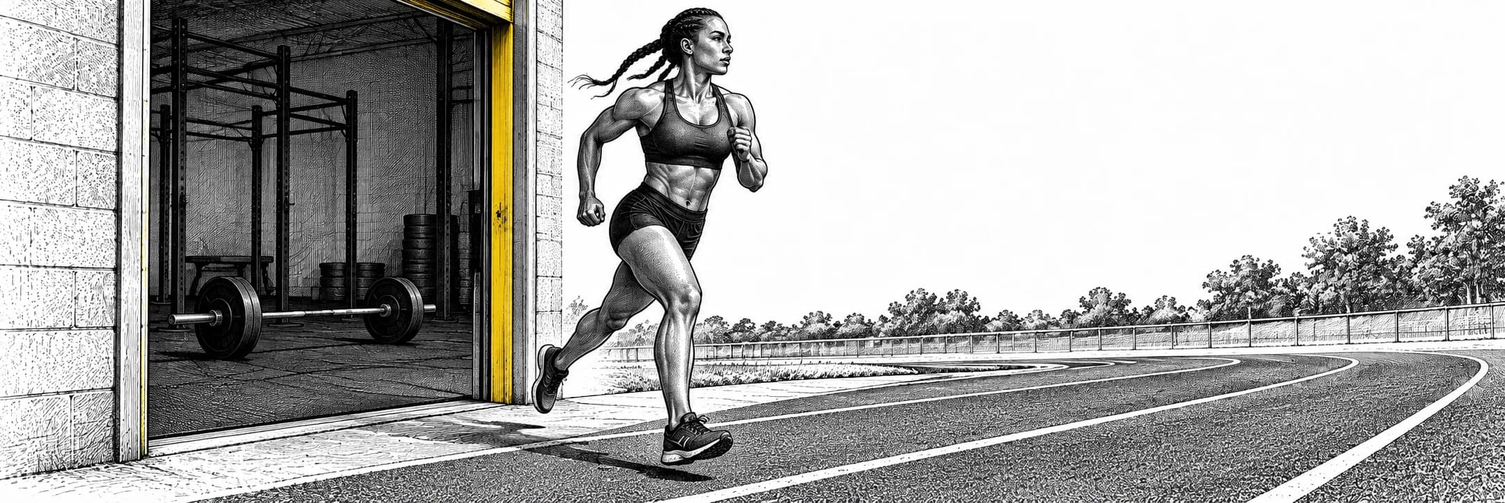 Ilustración a tinta: Atleta saliendo a correr de un gimnasio