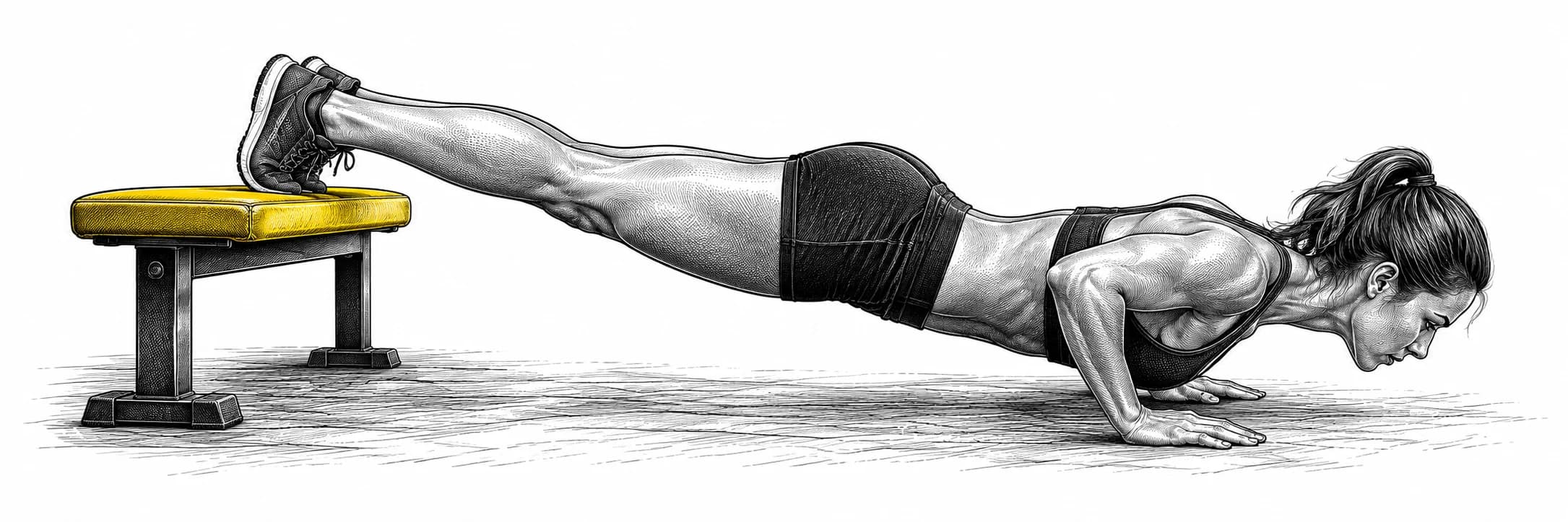 Ilustración a tinta: Atleta haciendo una flexión con los pies elevados en un banco