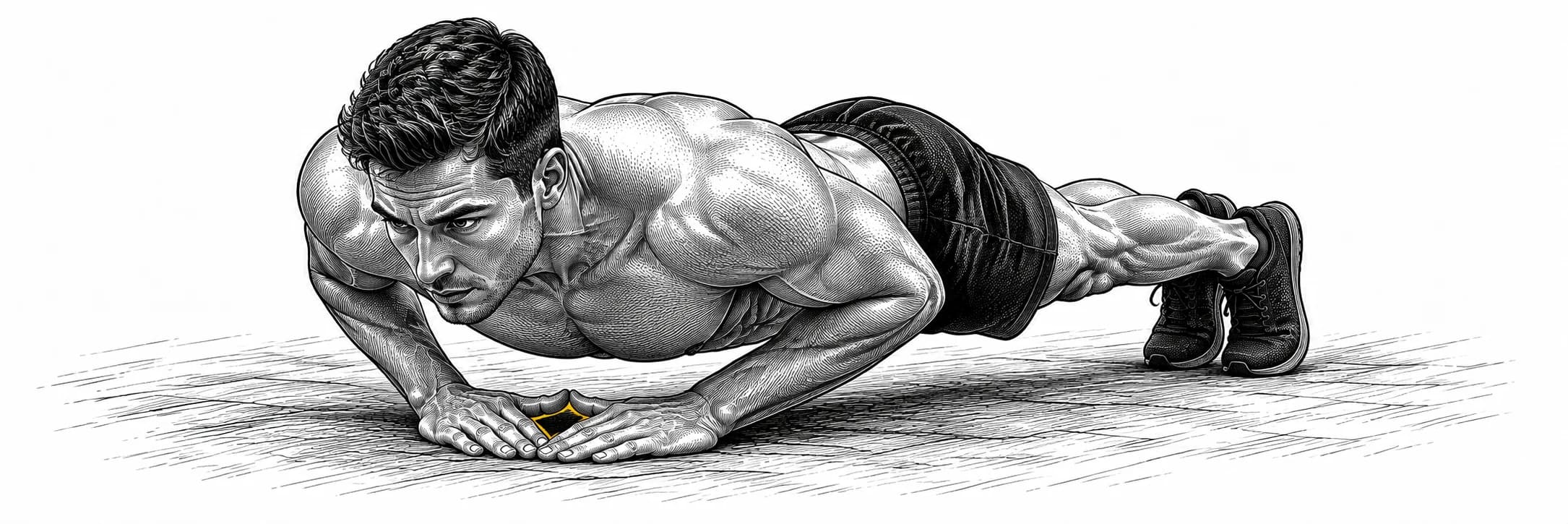 Ilustración a tinta: Atleta haciendo una flexión con las manos juntas