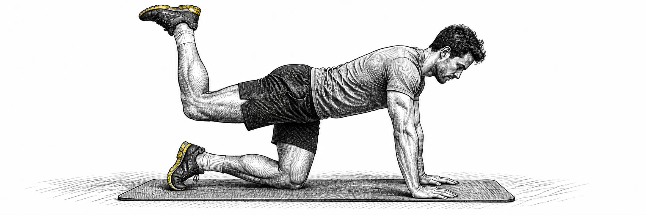 Ilustración a tinta: Atleta en cuadrupedia elevando una pierna flexionada hacia atrás