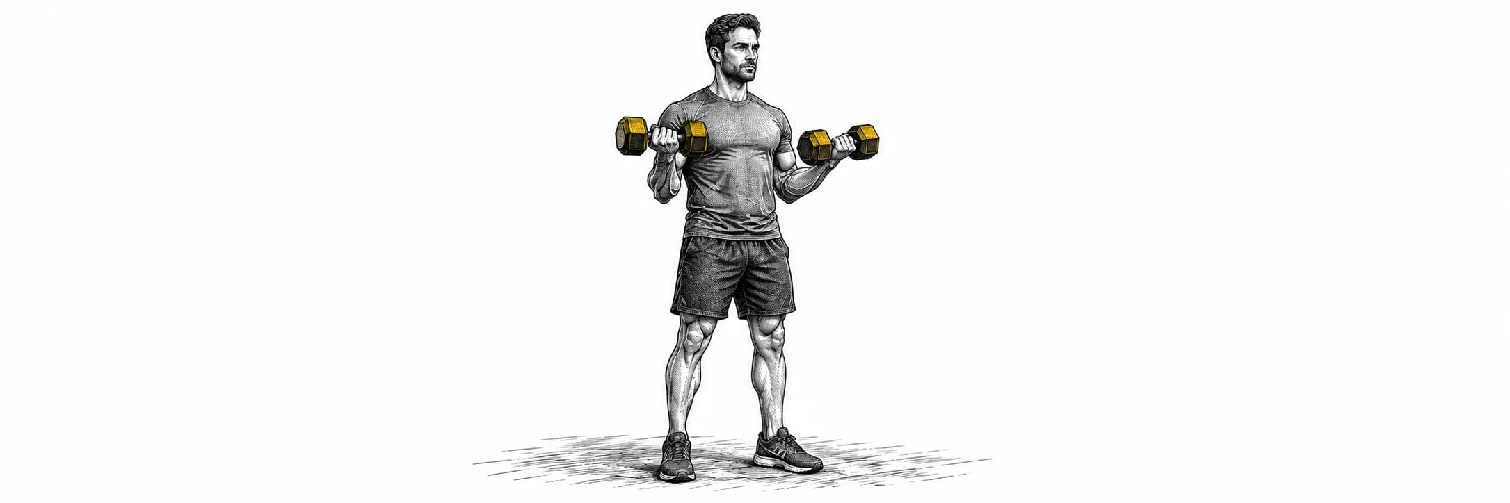 Ilustración a tinta: Atleta haciendo curls con mancuernas y las palmas hacia arriba