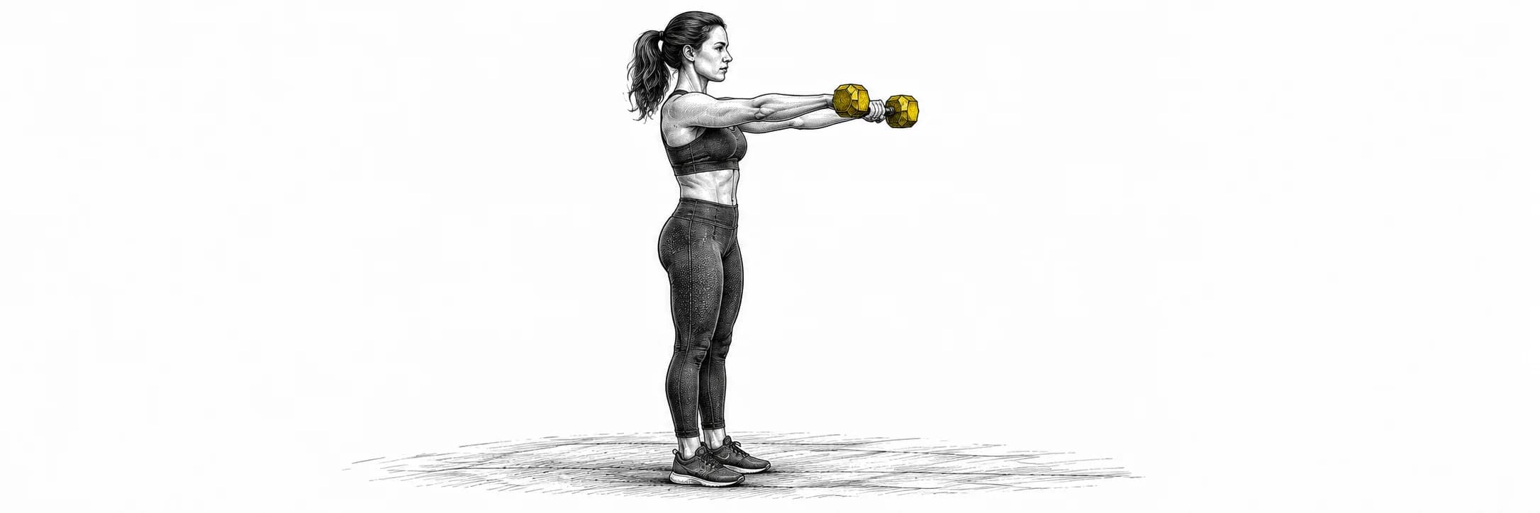 Ilustración a tinta: Atleta elevando mancuernas hacia delante