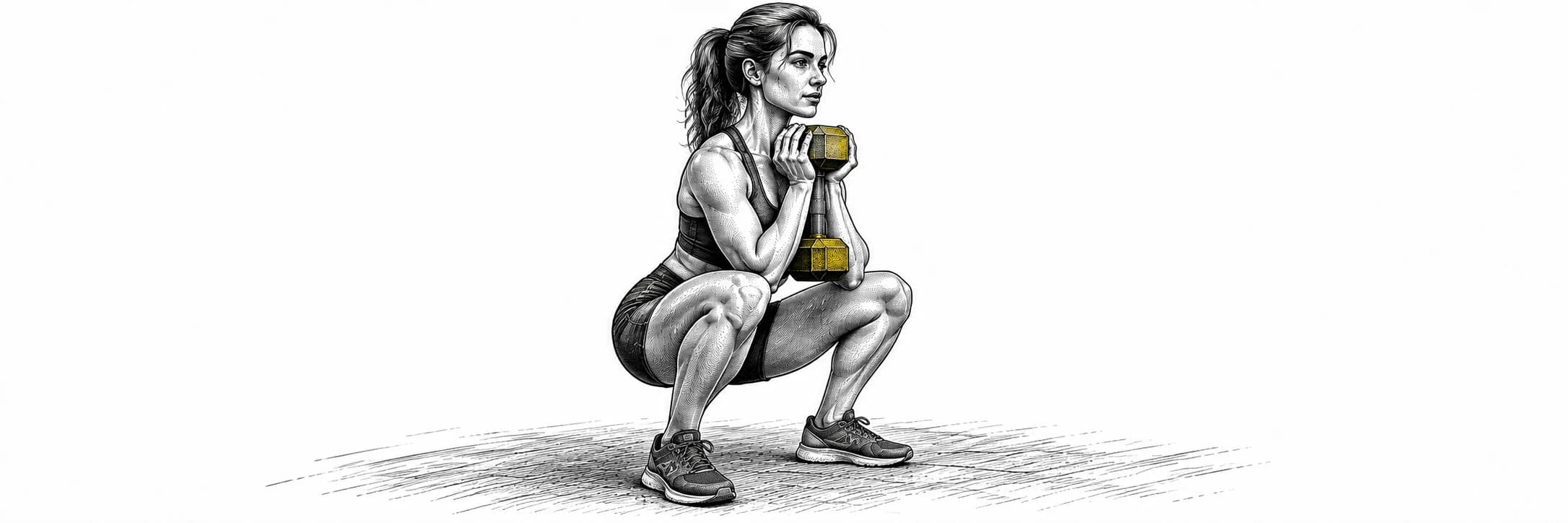 Ilustración a tinta: Atleta haciendo una sentadilla con una mancuerna frente al pecho