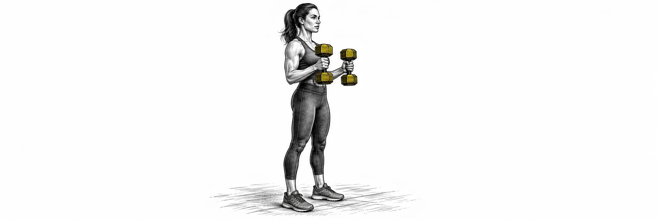 Ilustración a tinta: Atleta haciendo curls martillo con agarre neutro