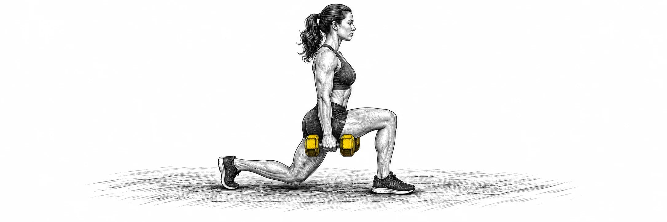 Ilustración a tinta: Atleta haciendo una zancada inversa con mancuernas