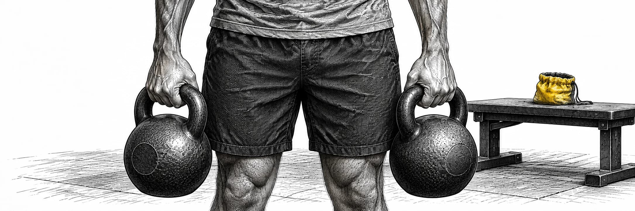 Ilustración a tinta: Primer plano de manos sujetando kettlebells a los lados
