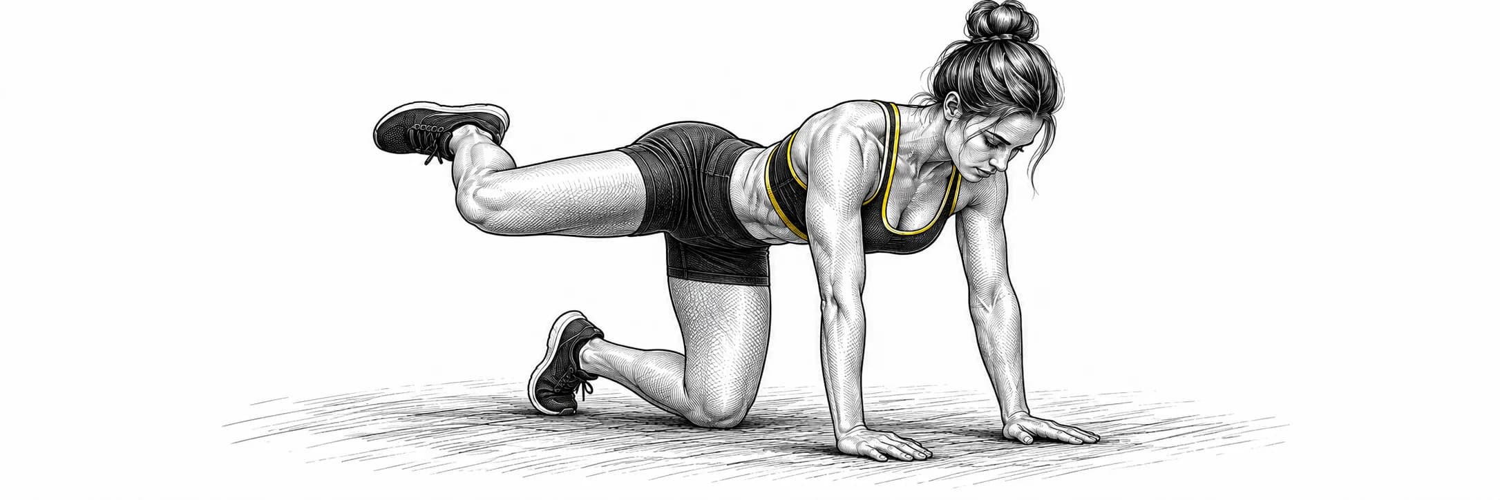 Ilustración a tinta: Atleta en cuadrupedia elevando una rodilla flexionada hacia un lado
