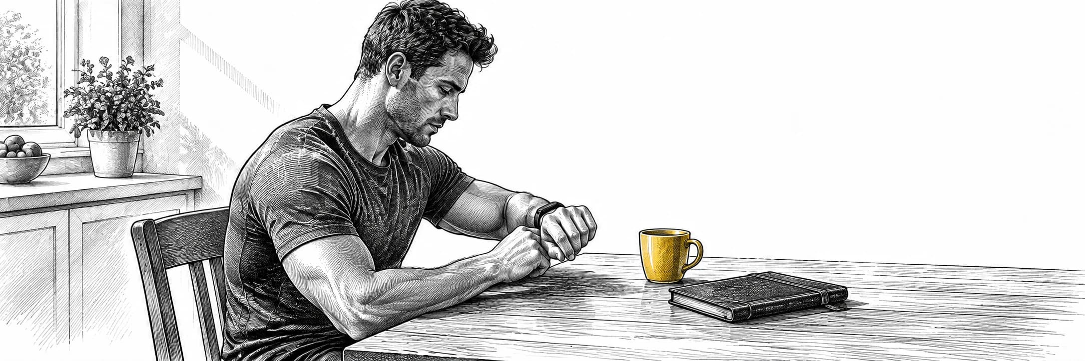 Ilustración a tinta: Atleta consultando su reloj en la mesa del desayuno